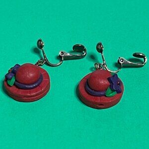 VTG Handcrafted Red Hat Purple Flowers Trim Polymer Clay Clip-on Earrings .75"